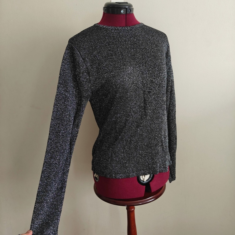 Erik‎ Stewart Women's Knit Top Blouse Black Silver Metallic Long Sleeve Large